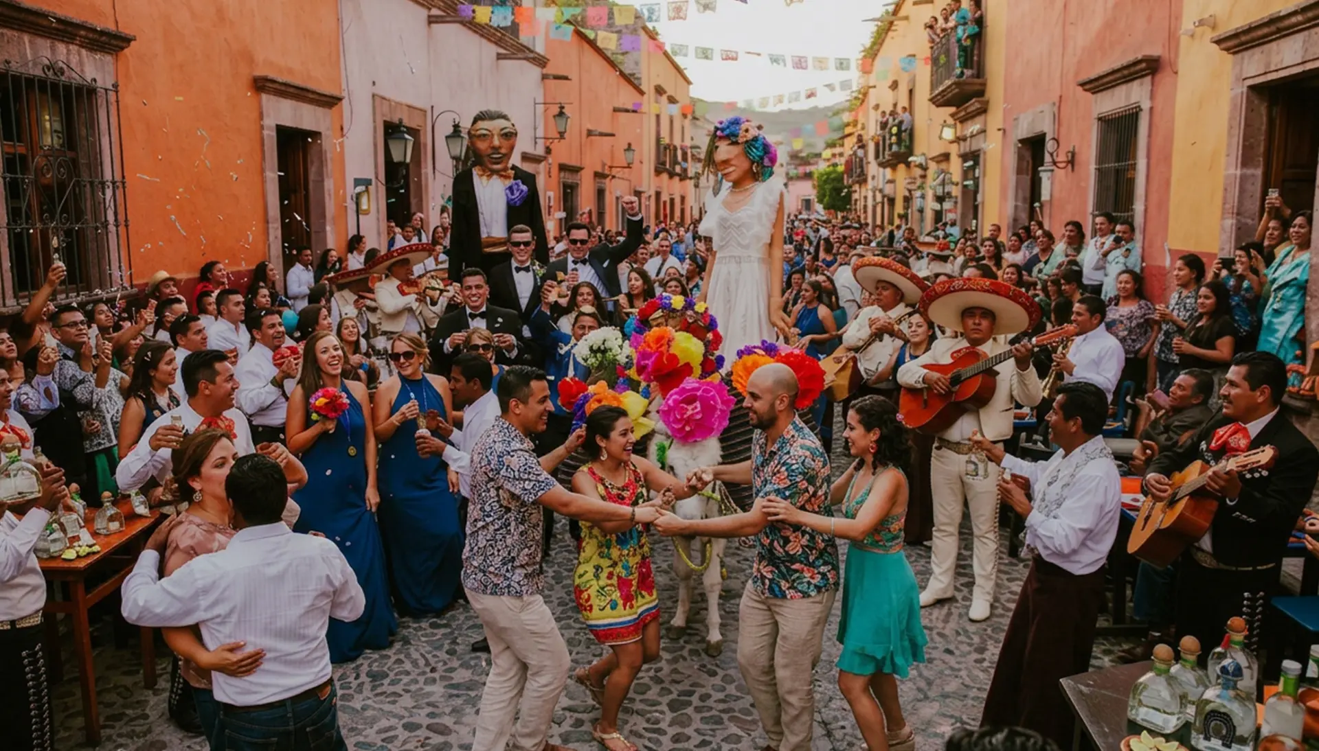 Callejoneada en una calle colonial de Querétaro: mojigangas gigantes, mariachis y la novia elevada sobre la multitud bajo banderines de papel picado