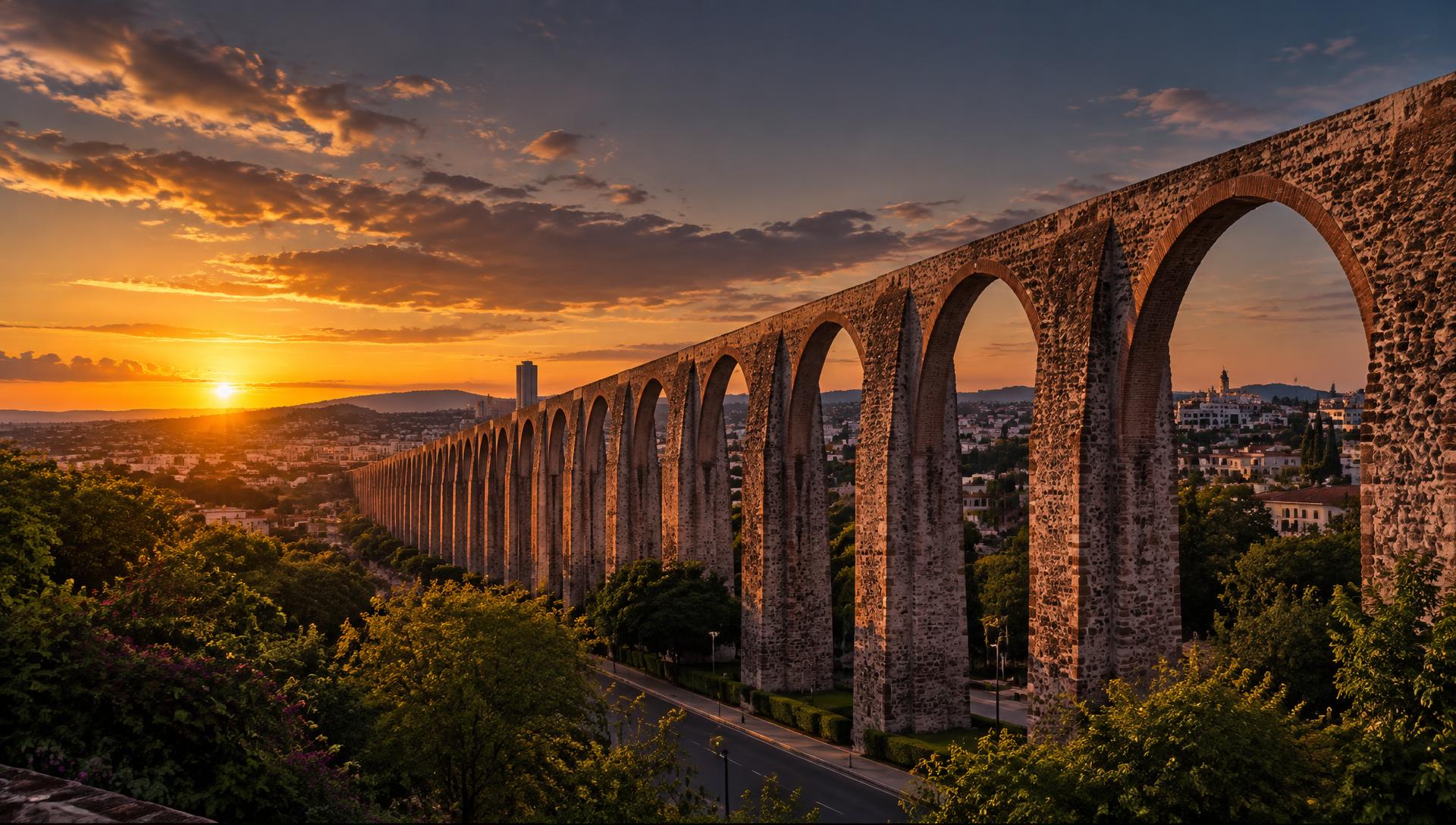Acueducto de Querétaro iluminado por el atardecer